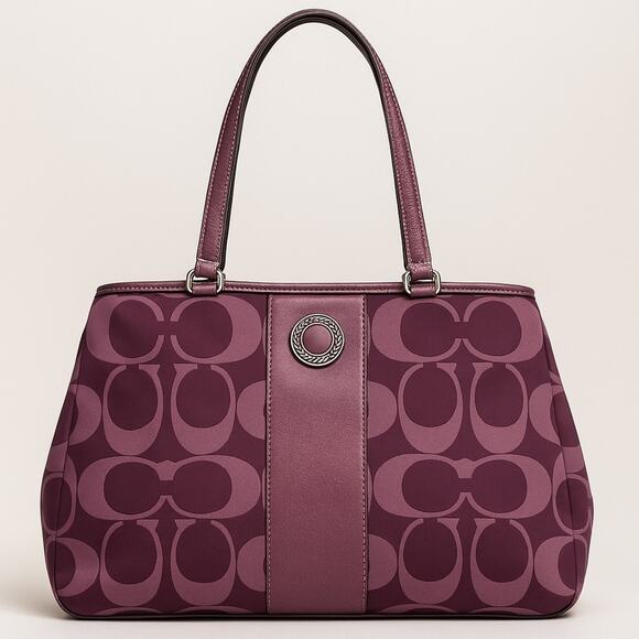 Coach Signature Purple Jacquard Shoulder Bag Tote – Leather Trim, Size: Large - Picture 6 of 12